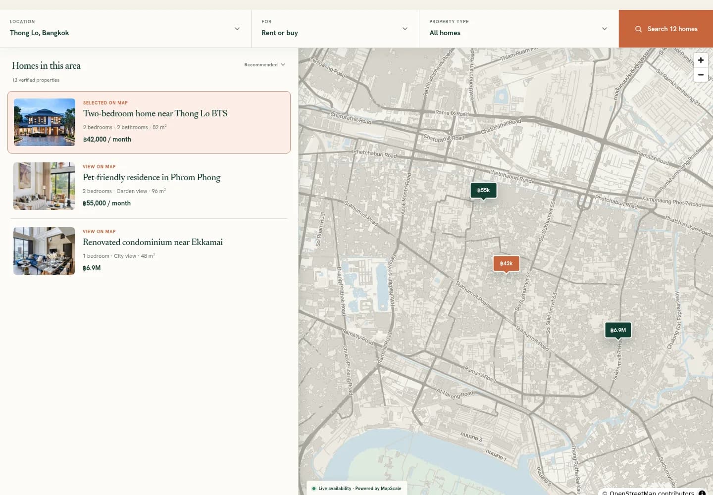 The genuine Sukhumvit Homes WordPress website showing property results beside a MapScale map of Bangkok